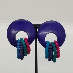 large wooden earrings with beaded loops purple pink blue teal